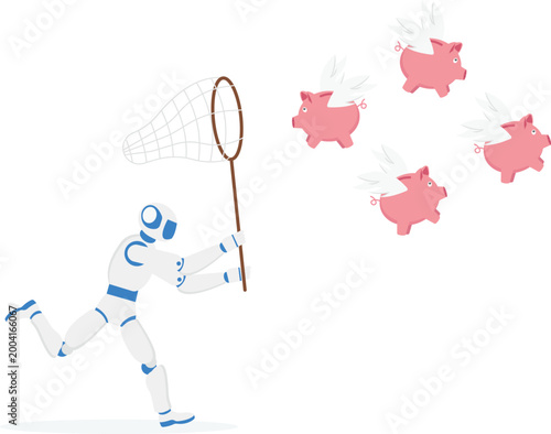 Robot with net catching flying piggy bank money icons