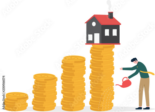 Professional man watering gold coin stack with house icon