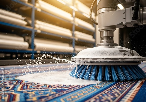 Automated carpet cleaning machine scrubbing oriental rug
