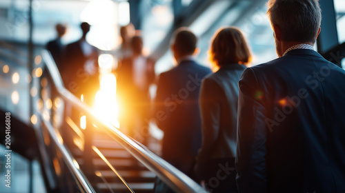 Cinematic wide back view of silhouetted professional figures standing on a bright softly defocused modern office staircase mid conversation staircase meeting office discussion