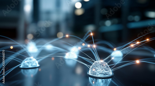 Floating hologram composition of glowing AI integration nodes connected by light streams across a clean bright technology backdrop AI integration digital ecosystem smart