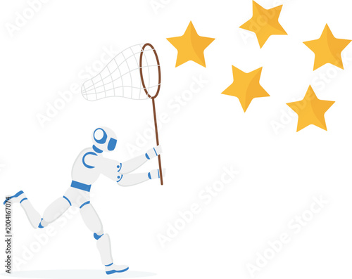 Robot with net catching flying gold stars