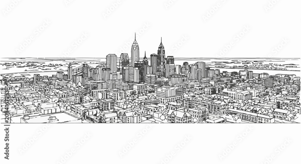 Fototapeta premium Panoramic sketch of a sprawling urban cityscape with diverse architecture