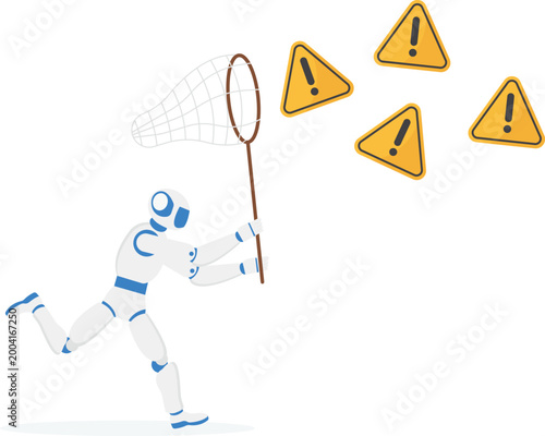 Robot with net catching flying warning signs