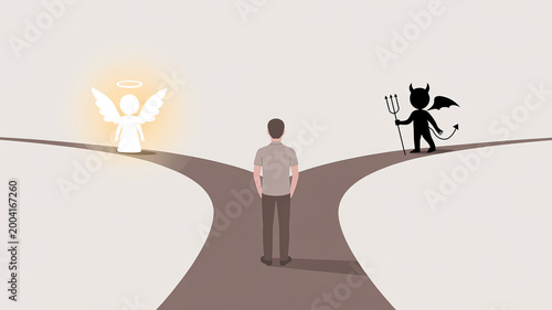 Man at crossroads choosing between angel and devil. Moral dilemma, decision making and inner conflict concept, good vs evil choice on minimal background.