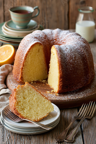 Homemade Buttermilk Cake Dessert on Rustic Kitchen Table