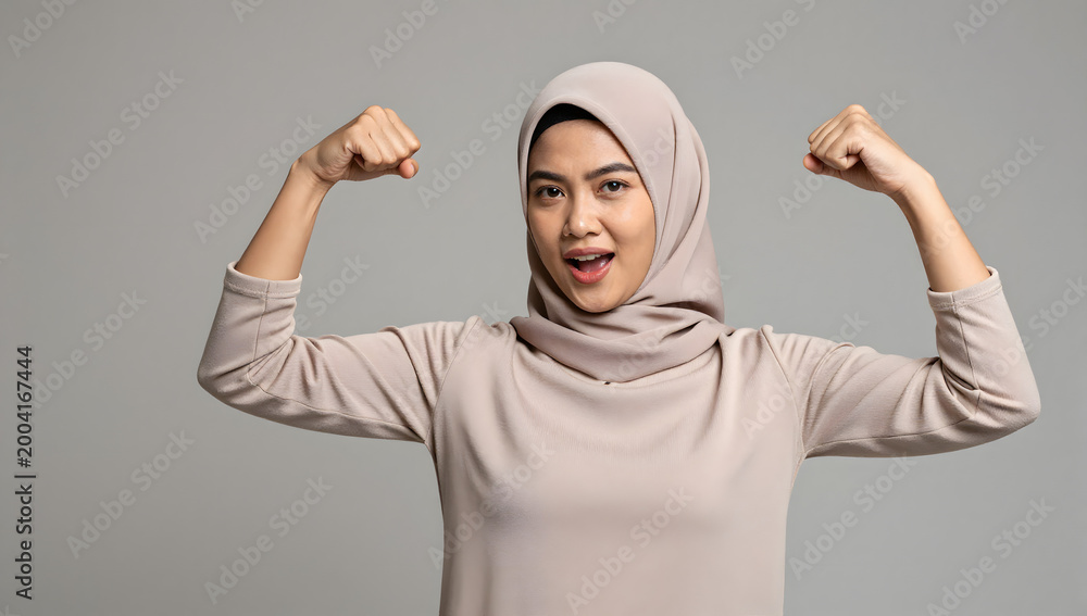 Naklejka premium Strong Muslim Woman Flexing Biceps: A confident Muslim woman wearing a hijab strikes a powerful pose, flexing her biceps to showcase her strength and determination.