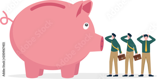 Group of stressed professionals near giant piggy bank