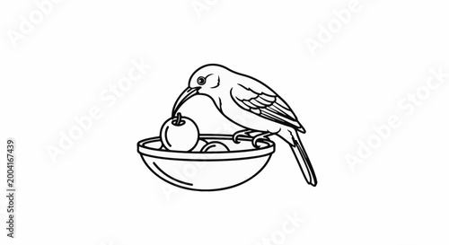 A bird holds an apple in its beak, perched above a bowl of fruit