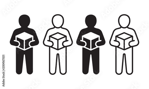 Four people holding boxes in black and white