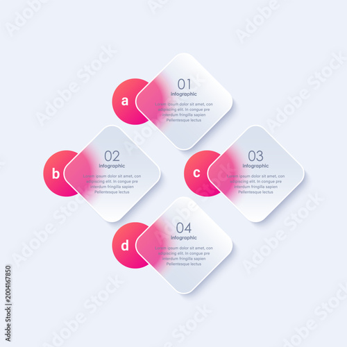 Business timeline chart template with 4 steps or options. Glass morphism effect vector template