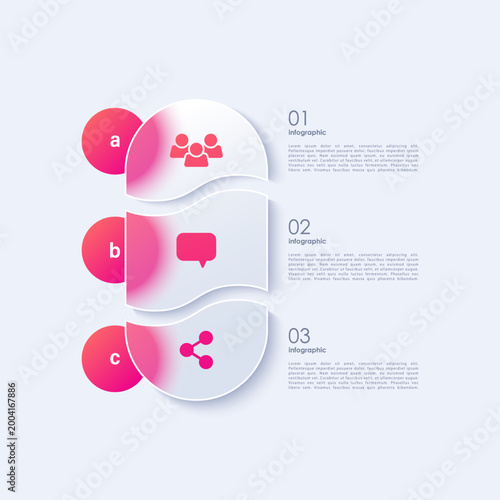 Business timeline chart template with three steps or options. Glass morphism effect vector vertical template