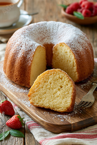 Homemade Buttermilk Cake Dessert on Rustic Kitchen Table