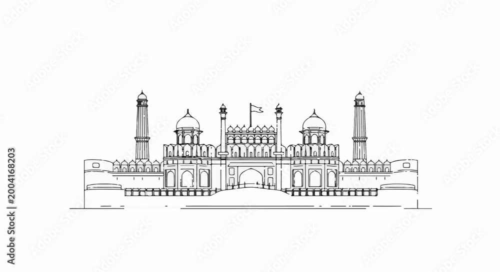 Obraz premium Ornate historical fortress with towers, domes, and arches, drawn in black and white