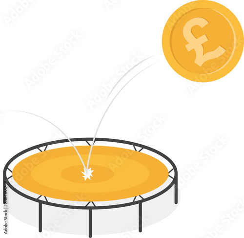 Pound currency coin bouncing on a trampoline