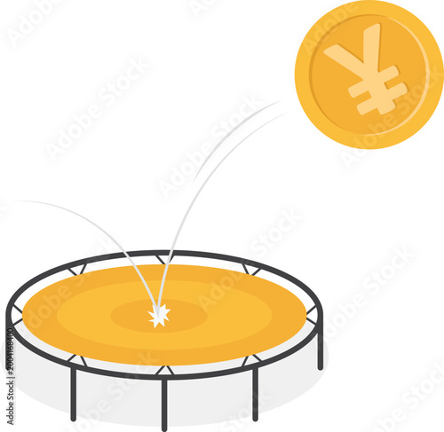 Yen currency coin bouncing on a trampoline