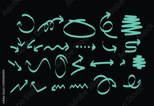 Hand-Drawn Marker Highlighters Teal Arrow Doodles and Scribble Icons Set on Black Background for Design