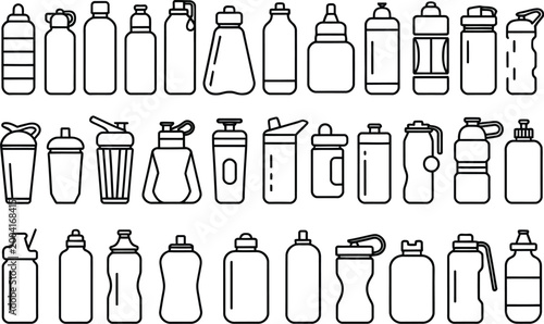 Plastic water bottles outline icons set, minimalist vector illustration of drinking water bottles for branding packaging advertising and digital design projects.