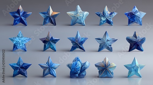 Luminous Blue Star Sculptures: Geometric Art with Gold Accents