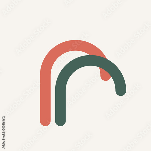 Minimalist abstract art piece featuring two overlapping offset arches in terracotta and forest green colors illustration