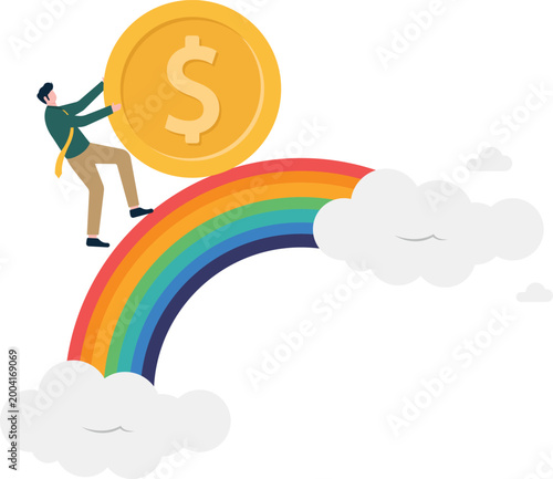 Professional pushing gold coin up a rainbow