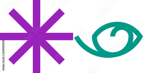 Minimalist purple asterisk symbol paired with a teal stylized eye graphic on a clean white illustration