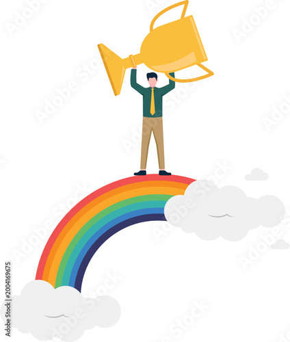 Professional holding trophy on a rainbow