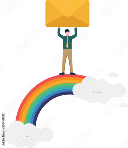 Professional holding email envelope on a rainbow
