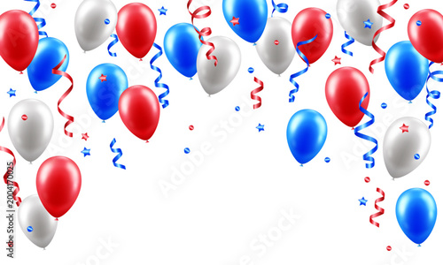 Vector frame with falling balloons and confetti isolated on transparent background. Festive decor elements for card, invitation, flyer, poster, banner, congratulation. 