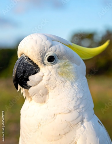 Close-up portrait of a white cockatoo with yellow crest
