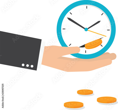 Human hand holding office clock with coin