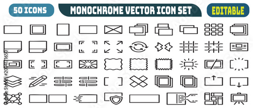 A comprehensive set of fifty monochrome vector icons representing various digital interface and graphic design elements for editable use on white background.