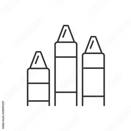 Crayons linear icon. Art classroom. Use for drawing and coloring. Paraffin wax and color pigment. Thin line customizable illustration. Contour symbol. Vector isolated outline drawing. Editable stroke