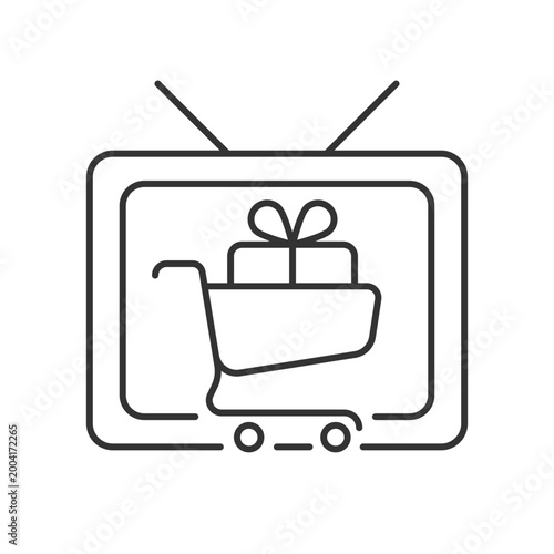 Shopping show linear icon. Teleshopping program. Television entertainment series. Thin line customizable illustration. Contour symbol. Vector isolated outline drawing. Editable stroke