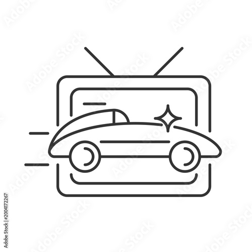 Car racing program linear icon. Auto driving competition on television broadcast. Thin line customizable illustration. Contour symbol. Vector isolated outline drawing. Editable stroke