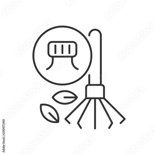 Rakes from bottle caps linear icon. Broom made from recycled plastics. Sustainable broomstick. Thin line customizable illustration. Contour symbol. Vector isolated outline drawing. Editable stroke