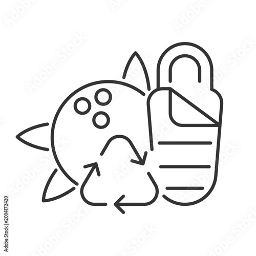 Sleeping bag from coconut shell linear icon. Sustainable camping gear. Eco-friendly fabrics. Thin line customizable illustration. Contour symbol. Vector isolated outline drawing. Editable stroke