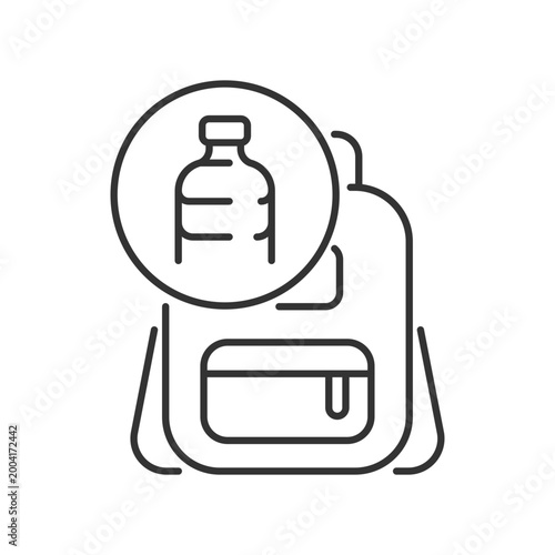 Backpack made from plastic linear icon. Sustainable bags. Repurposing water bottles. Thin line customizable illustration. Contour symbol. Vector isolated outline drawing. Editable stroke