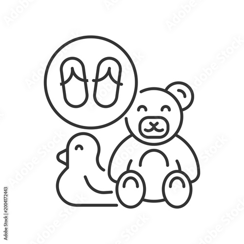 Toys made from flip flops linear icon. Sustainable handmade toys. Recycling rubber flip-flops. Thin line customizable illustration. Contour symbol. Vector isolated outline drawing. Editable stroke