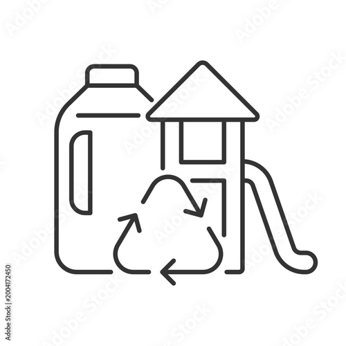 Playsets from plastic milk bottles linear icon. Sustainable playground for kids. Recycled plastic. Thin line customizable illustration. Contour symbol. Vector isolated outline drawing. Editable stroke