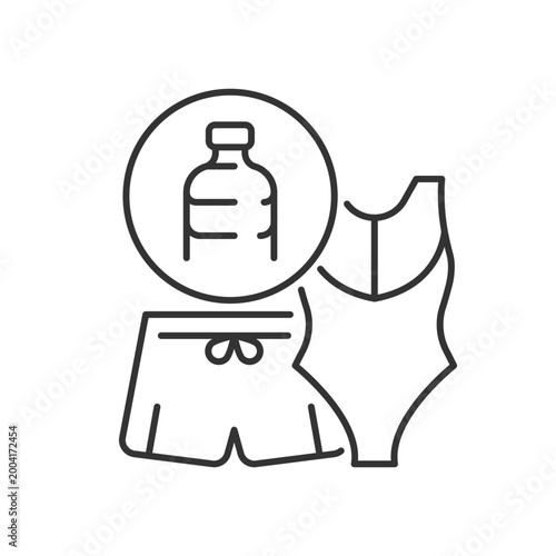 Swimsuit from plastic bottles linear icon. Recycled plastic waste. Ethical bathing suit. Thin line customizable illustration. Contour symbol. Vector isolated outline drawing. Editable stroke