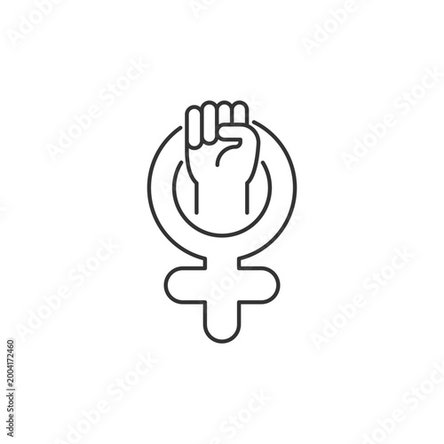 Female symbol linear icon. Pride in sisterhood. Clenched fist in venus sign. Self respect. Thin line customizable illustration. Contour symbol. Vector isolated outline drawing. Editable stroke