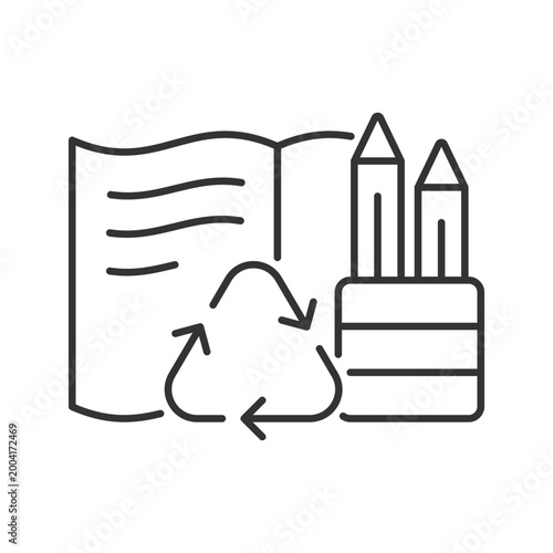 Stationery from recycled magazines linear icon. Recycling old newspapers. Biodegradable pencils. Thin line customizable illustration. Contour symbol. Vector isolated outline drawing. Editable stroke