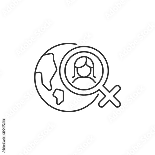 Global feminism linear icon. Achieve gender equality. Women rights movement across globe. Thin line customizable illustration. Contour symbol. Vector isolated outline drawing. Editable stroke