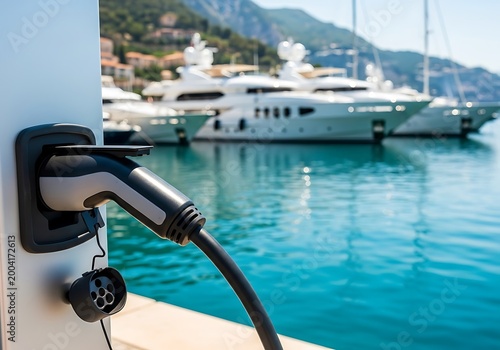 Electric charger connected to yachts at marina electric vehicle charger