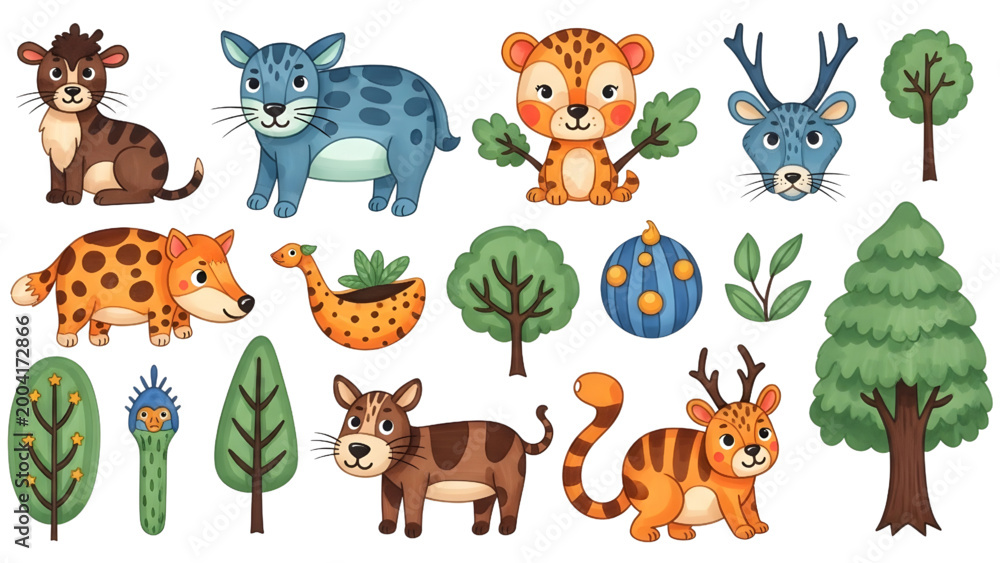 Obraz premium Top-Down Happy Children’s Artwork Pack – Whimsical Animals and Nature Elements, Marker-Style Hand-Drawn Vector Illustration Set, Isolated White Background