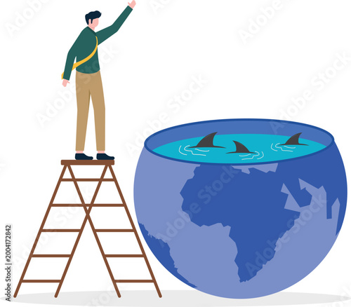 Professional on ladder looking into globe shark tank