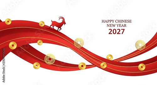 Happy Chinese New Year 2027 Year of the Goat Celebration with Red Waves and Gold Coins.