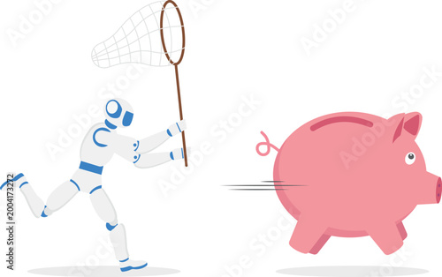 Robot with net chasing flying piggy bank