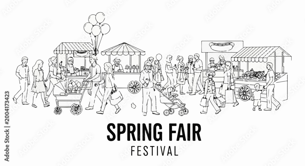 Obraz premium Lively outdoor festival scene with stalls, crowds, and strollers